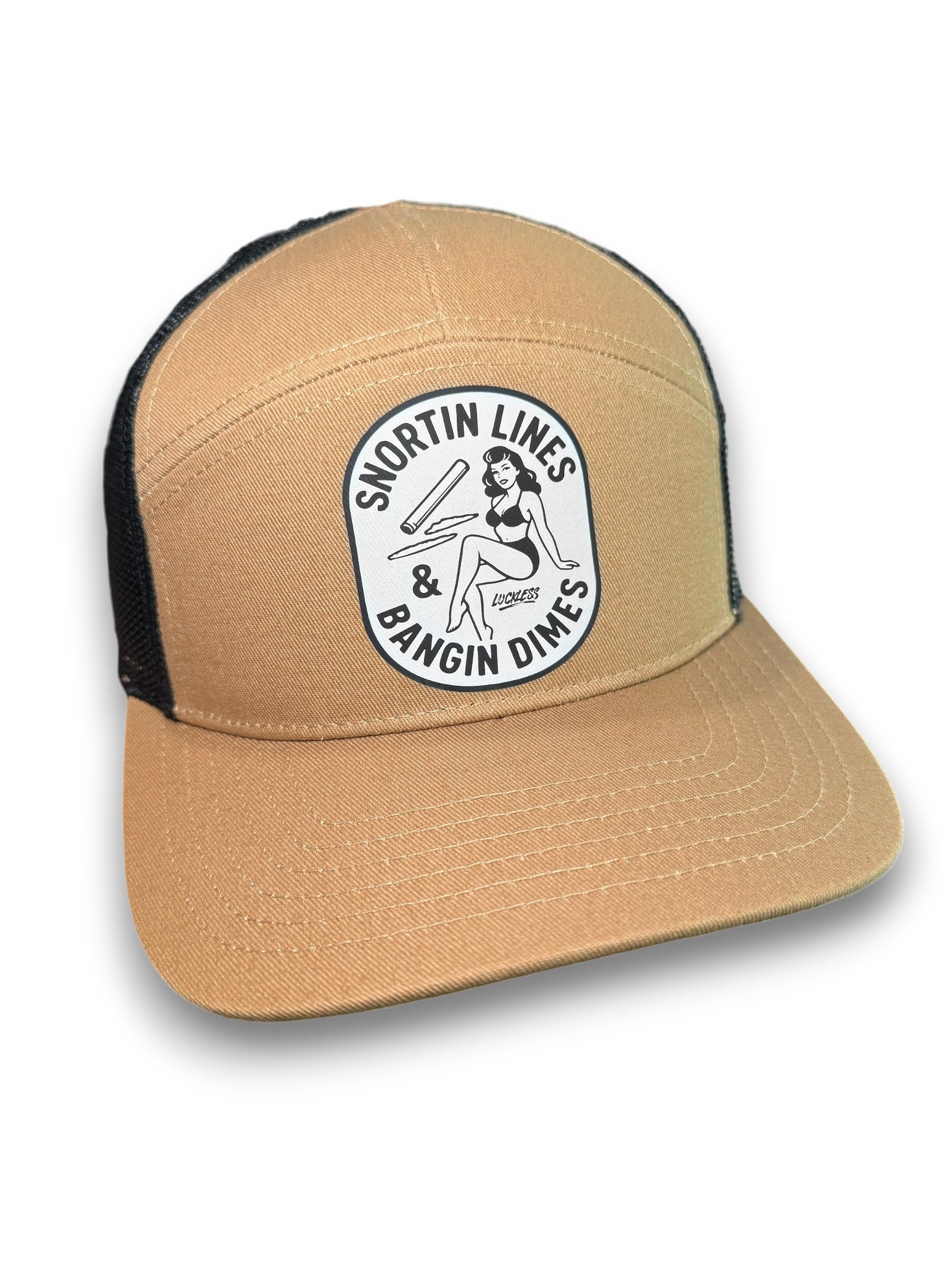 Luckless Outfitters Lines and Dimes 7 Panel Snapback Hat — detail close-up