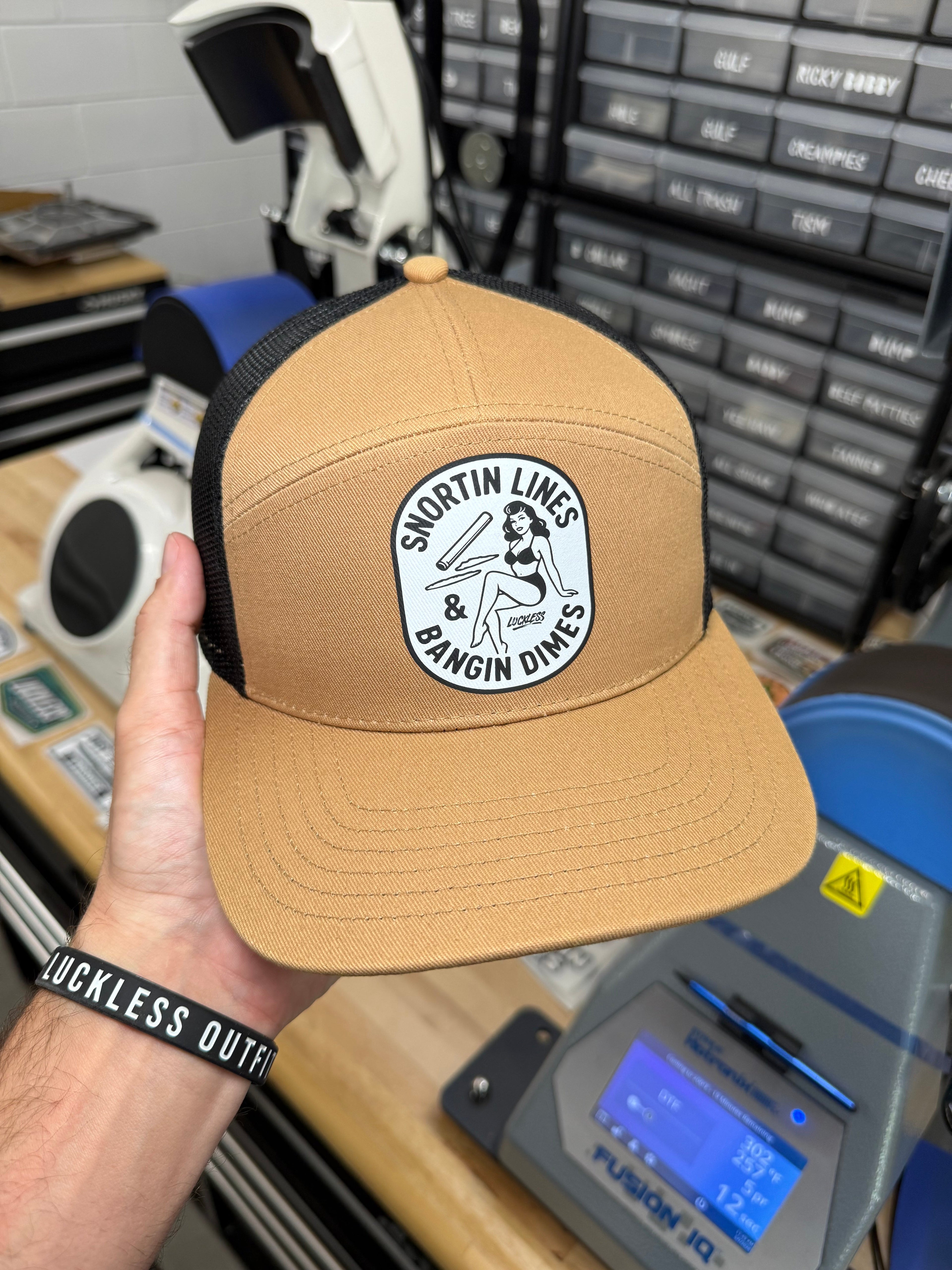 Luckless Outfitters Lines and Dimes 7 Panel Snapback Hat — side view
