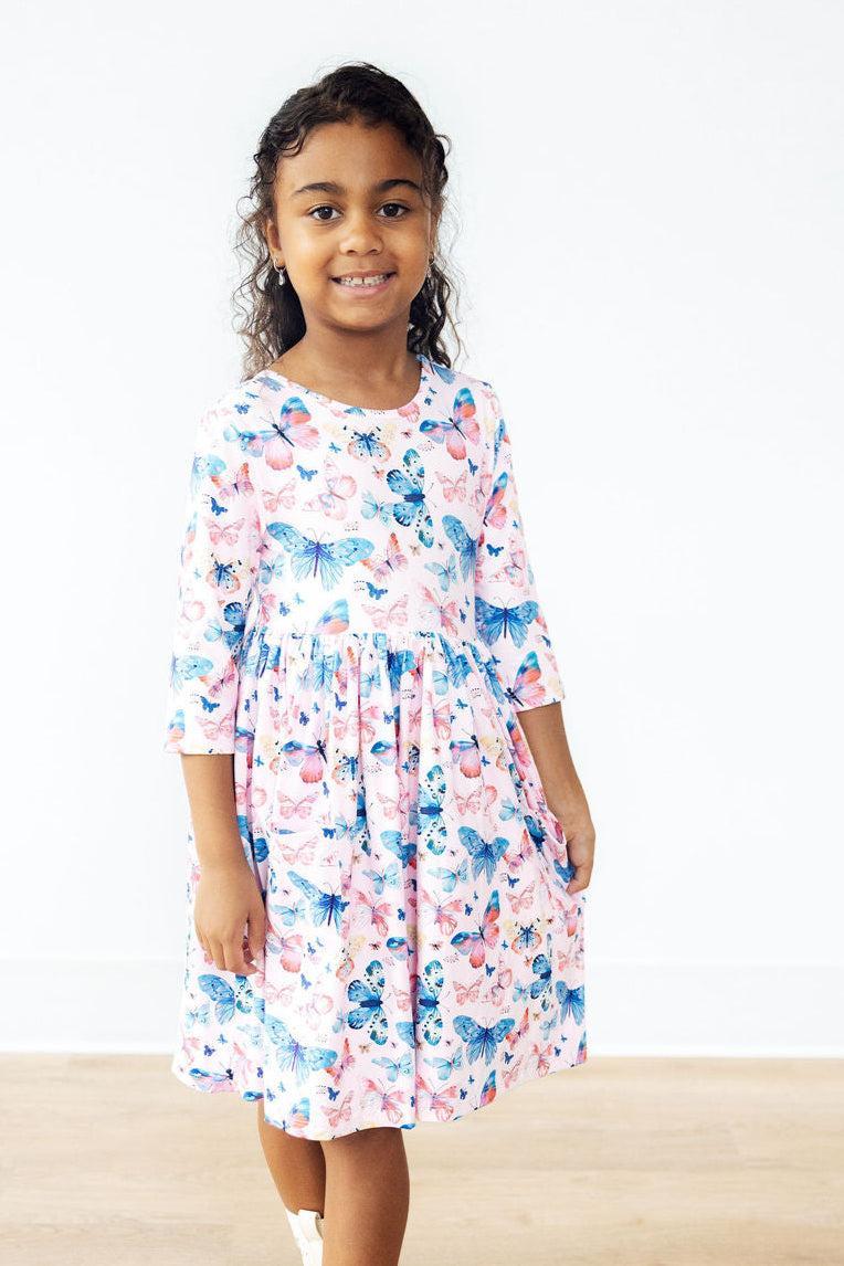 Mila & Rose ® Little Flutters 3/4 Sleeve Pocket Twirl Dress — detail close-up