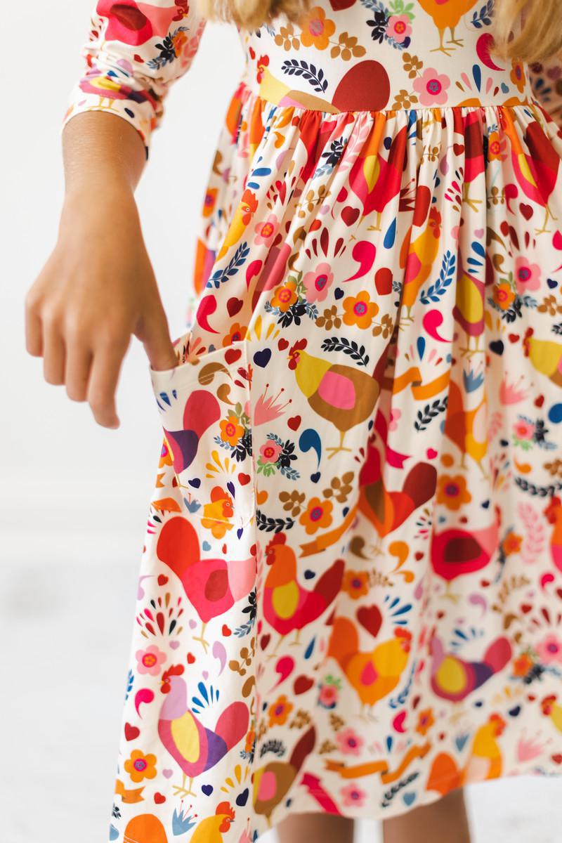 Mila & Rose ® Little Red Hen 3/4 Sleeve Pocket Twirl Dress — detail close-up