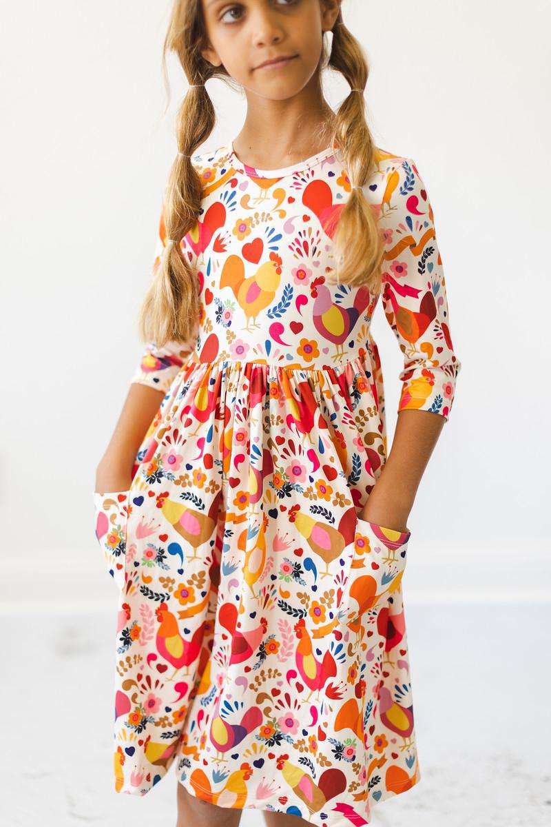 Mila & Rose ® Little Red Hen 3/4 Sleeve Pocket Twirl Dress — back view
