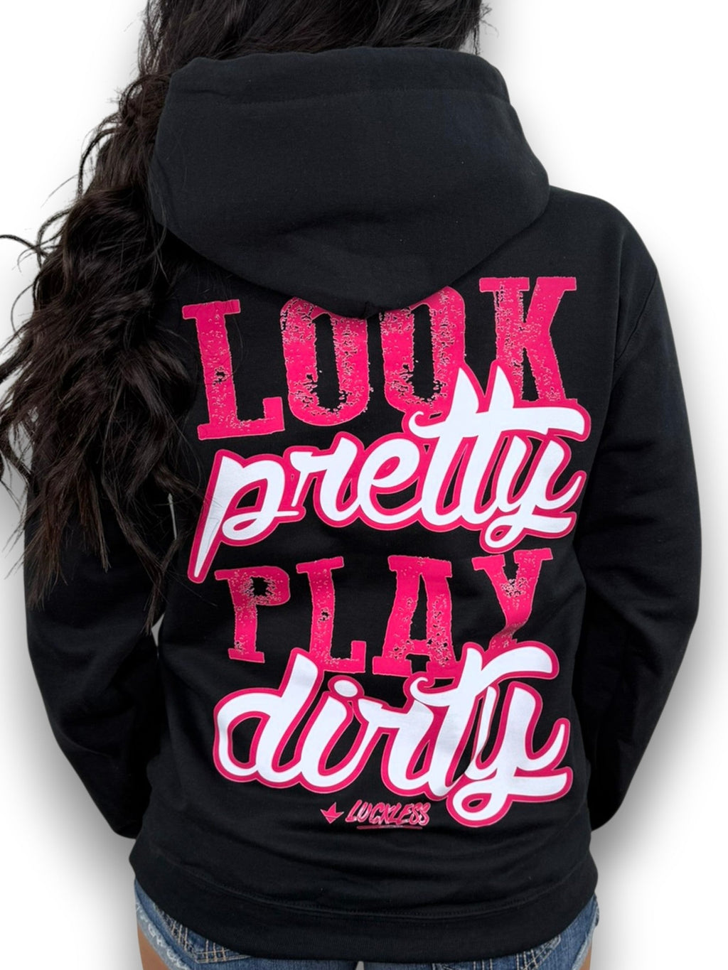 Luckless Outfitters Look Pretty Play Dirty Hoodie — detail close-up