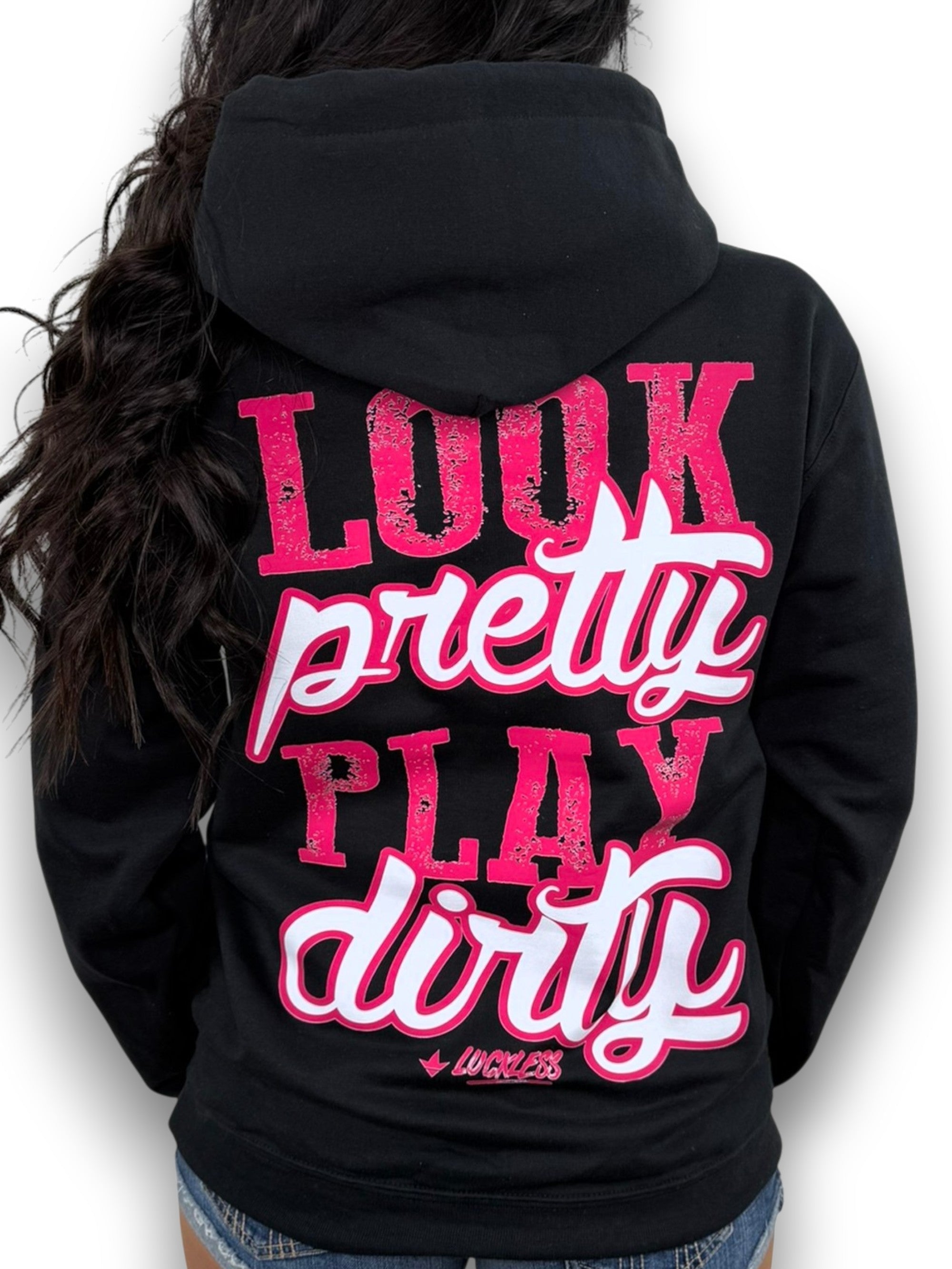 Luckless Outfitters Look Pretty Play Dirty Hoodie — detail close-up
