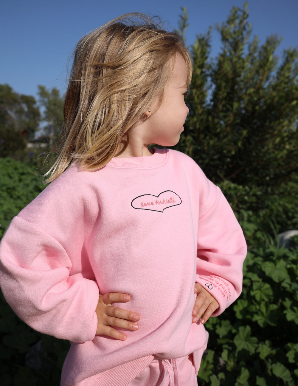 Elevated Faith Love Yourself Kids Crewneck — in-use photo