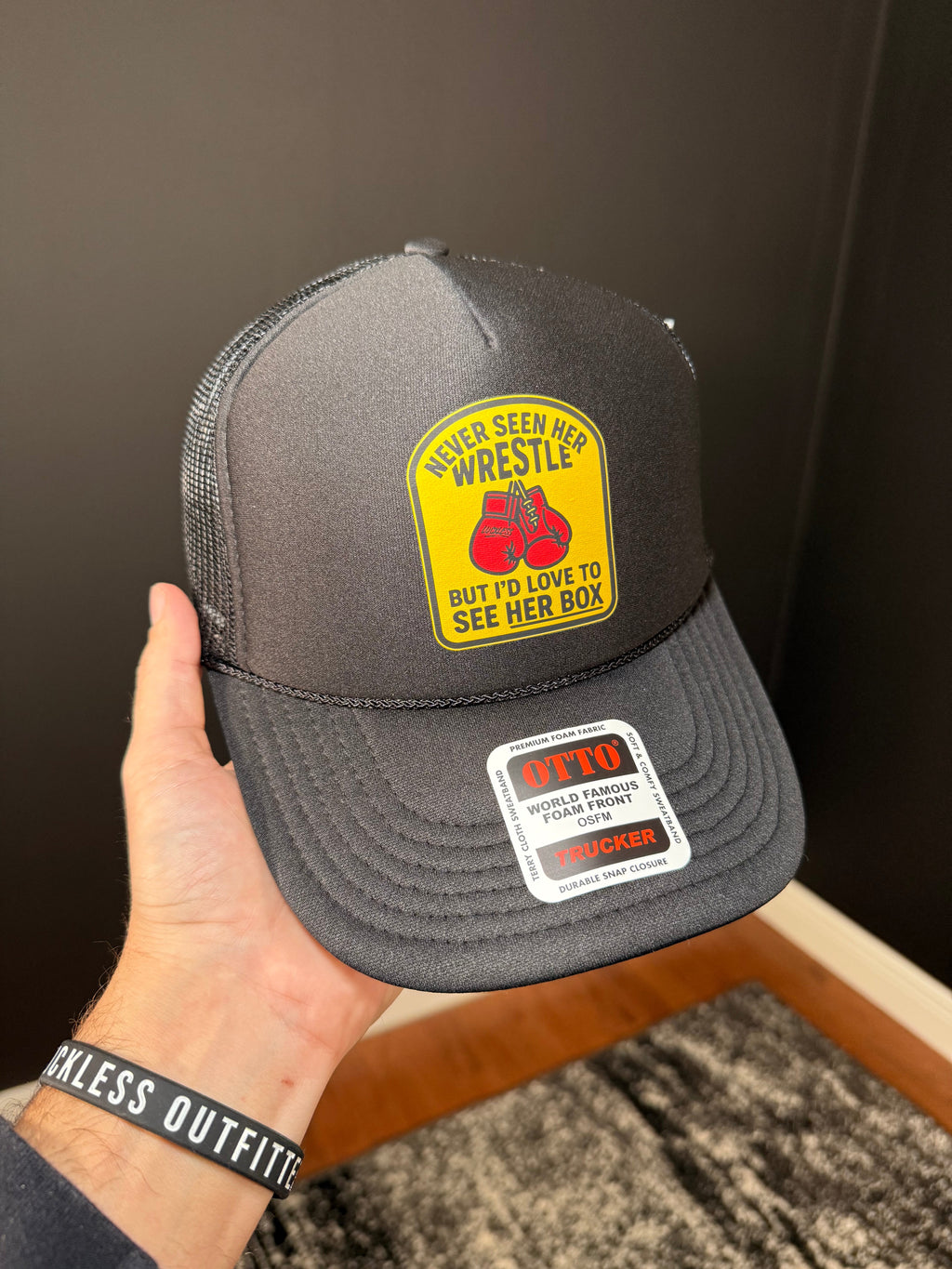 Luckless Outfitters Love to See Her Box Trucker Hat — side view