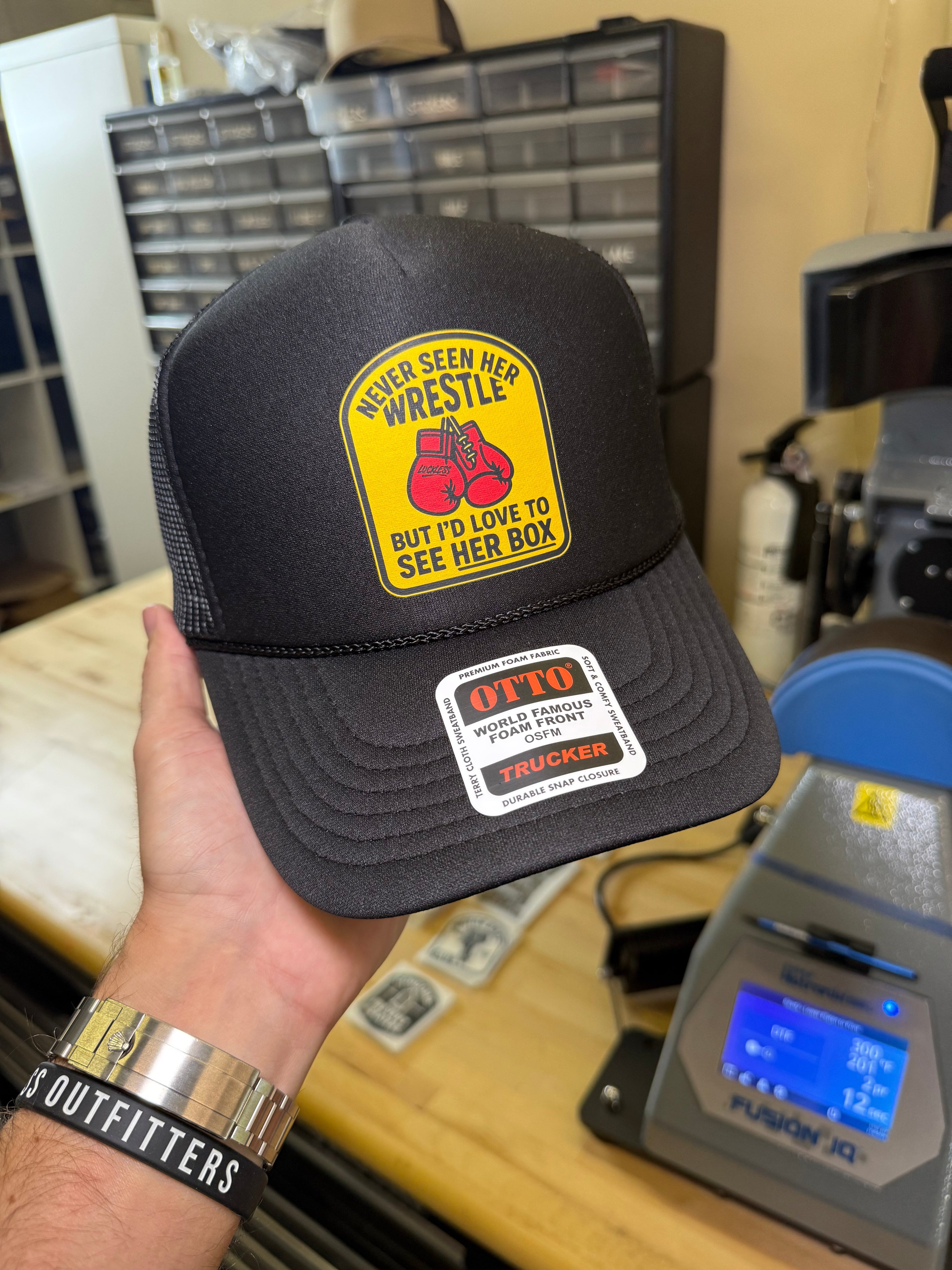Luckless Outfitters Love to See Her Box Trucker Hat — back view