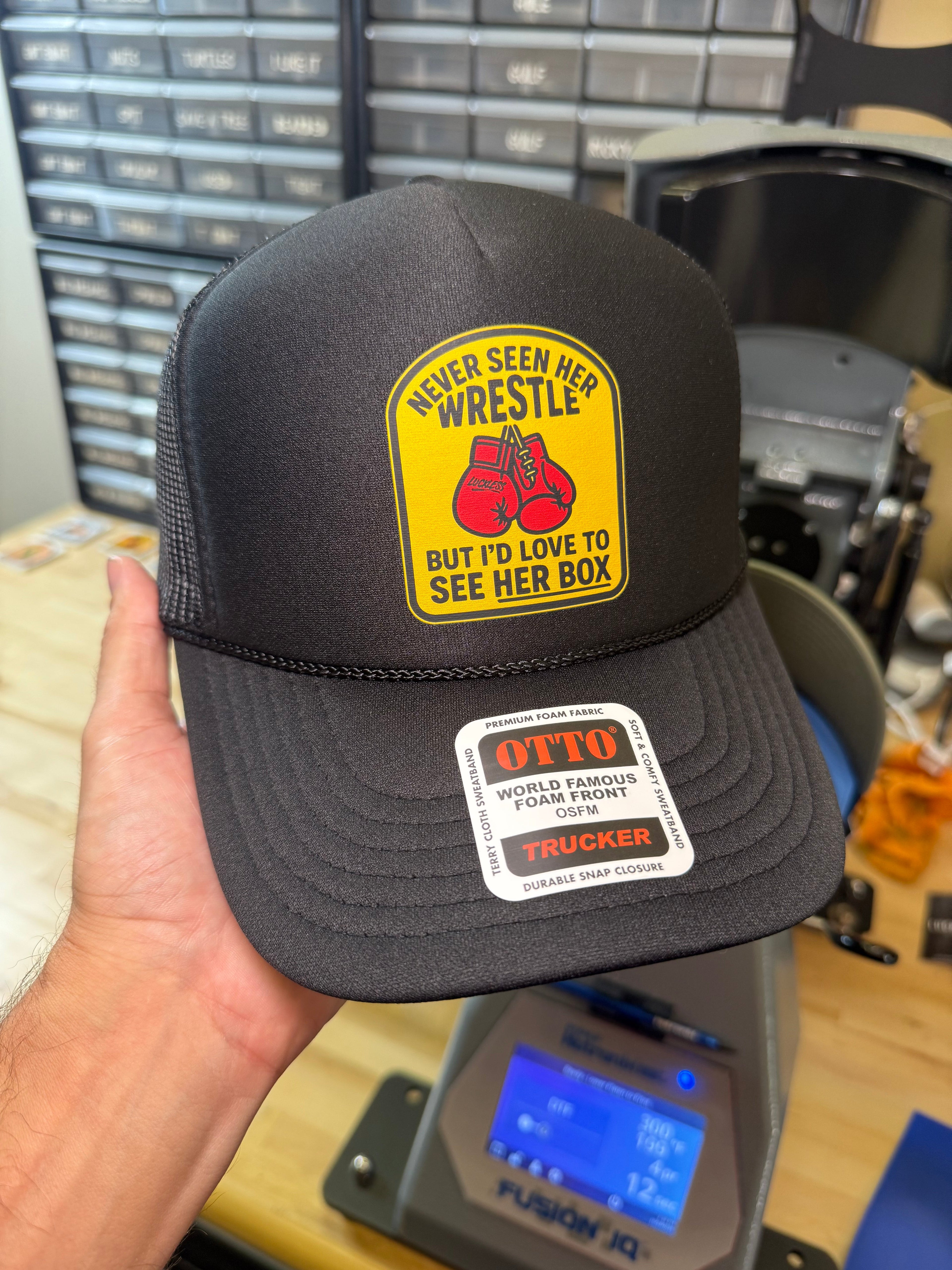 Luckless Outfitters Love to See Her Box Trucker Hat — in-use photo