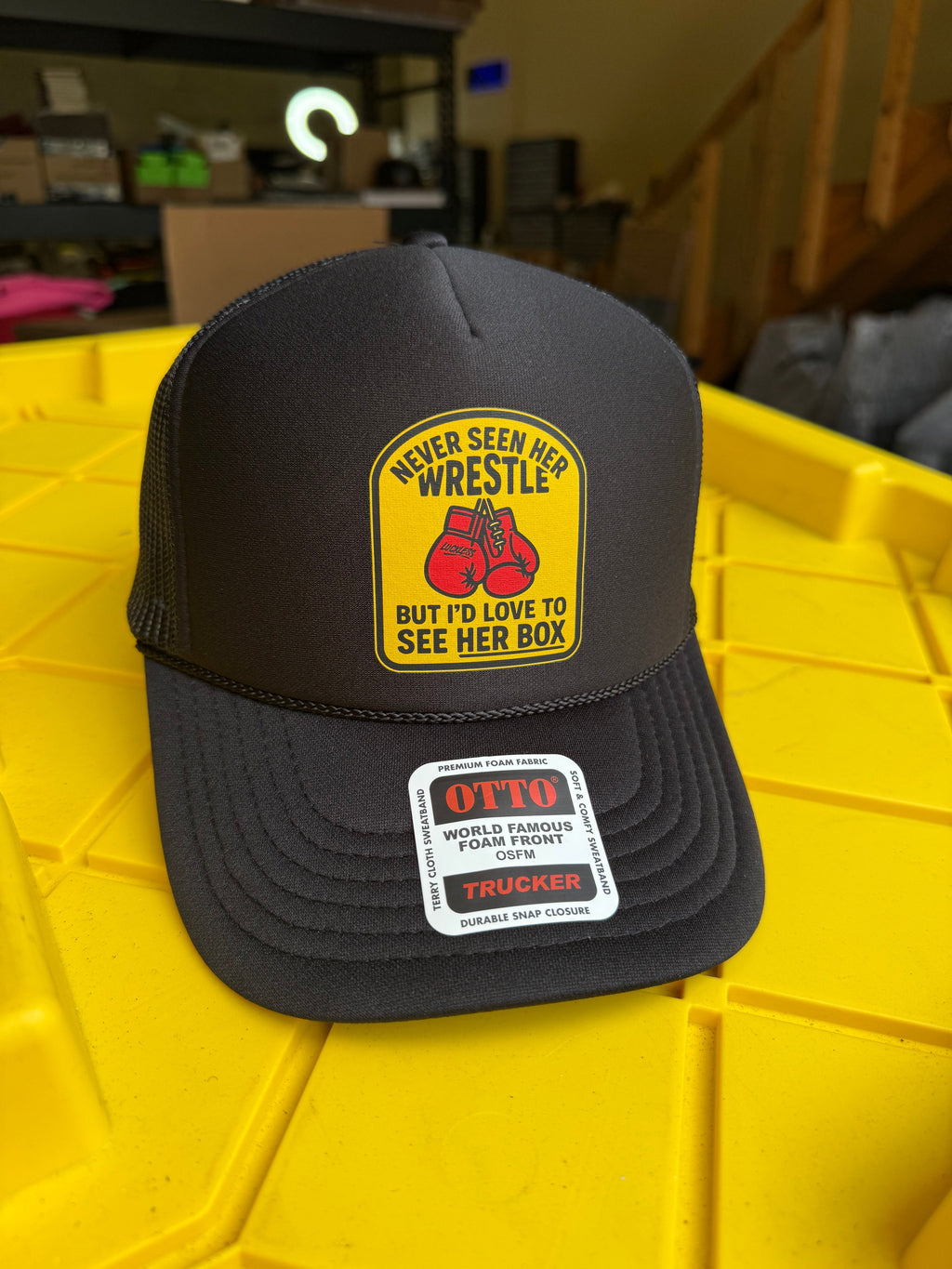 Luckless Outfitters Love to See Her Box Trucker Hat — detail close-up