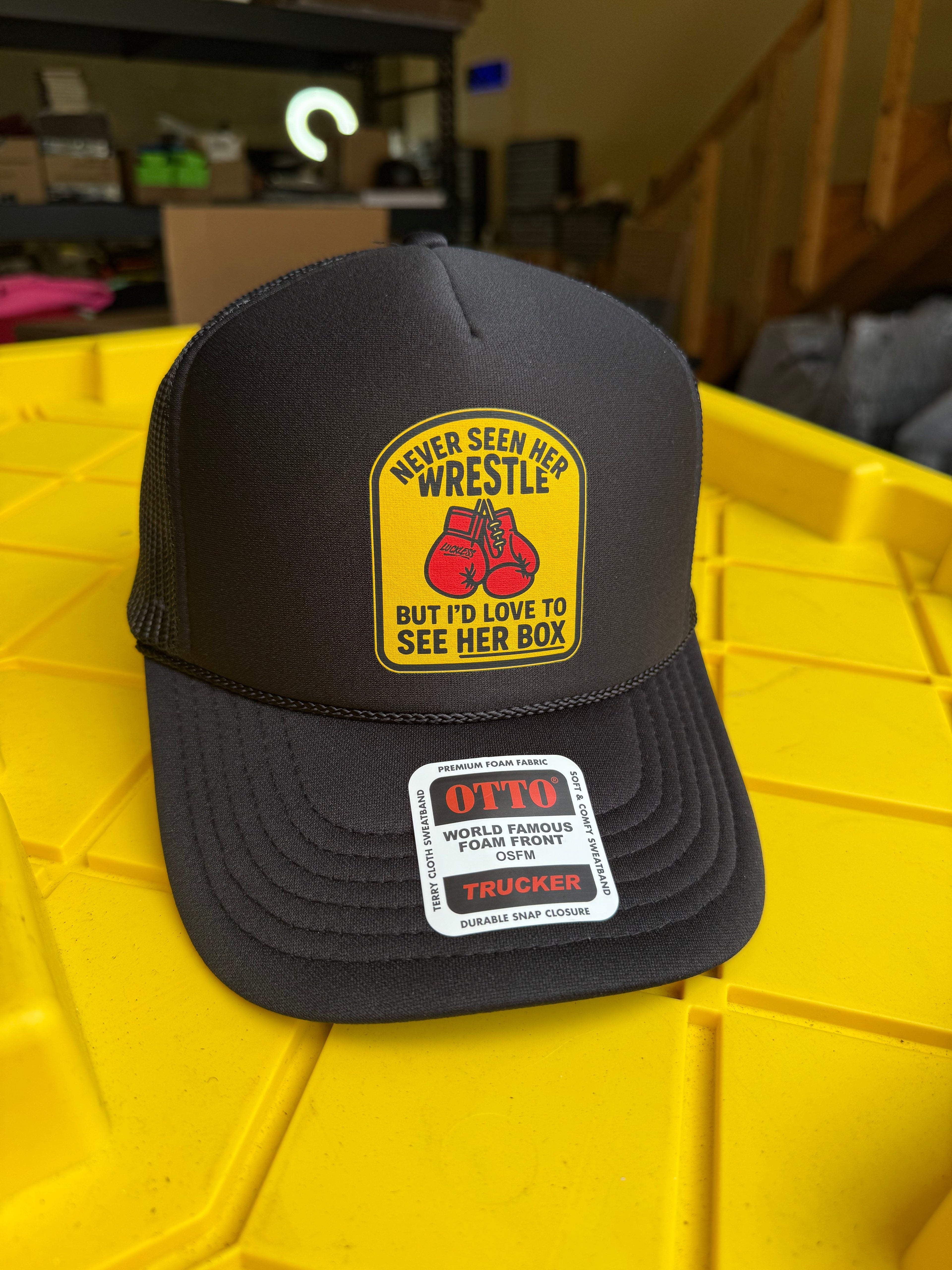 Luckless Outfitters Love to See Her Box Trucker Hat — detail close-up