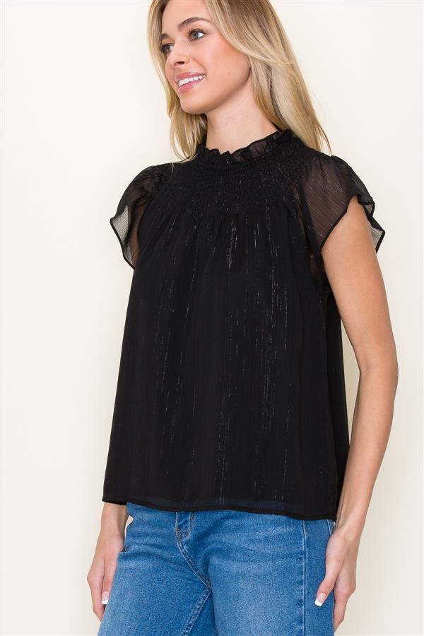 KADOU BOUTIQUE Ruffle Neck Lurex Striped Top — size reference
