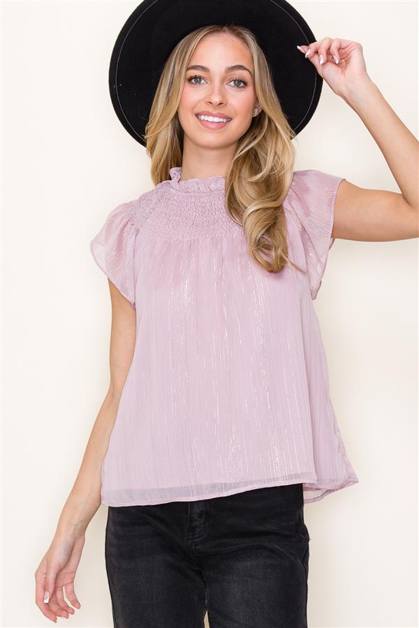 KADOU BOUTIQUE Ruffle Neck Lurex Striped Top — in-use photo
