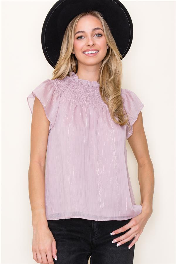 KADOU BOUTIQUE Ruffle Neck Lurex Striped Top — detail close-up