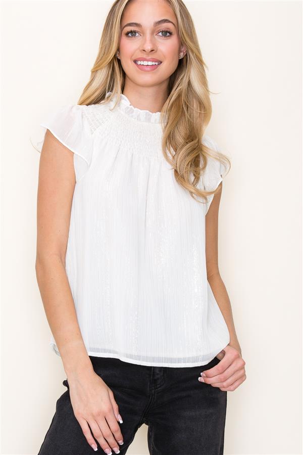 KADOU BOUTIQUE Ruffle Neck Lurex Striped Top — lifestyle context