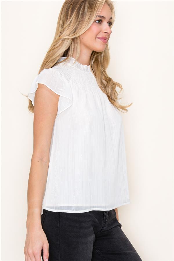 KADOU BOUTIQUE Ruffle Neck Lurex Striped Top — fabric or material detail