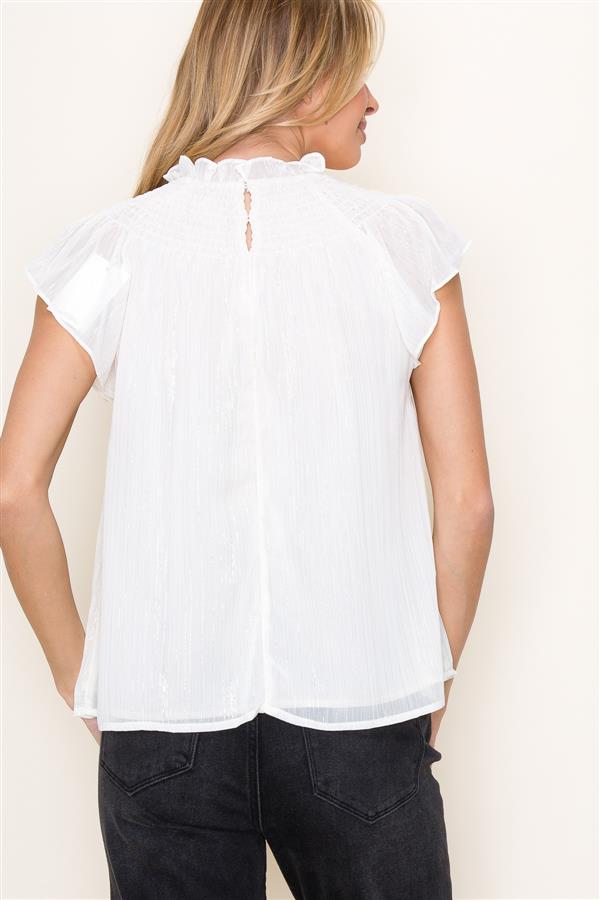 KADOU BOUTIQUE Ruffle Neck Lurex Striped Top — feature highlight
