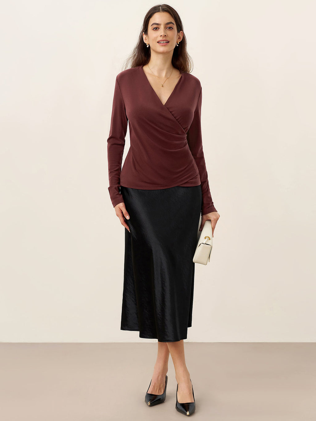 LINTICO Wool Lyocell Asymmetric Ruched Overlap V-Neck Top TILLY — fabric or material detail