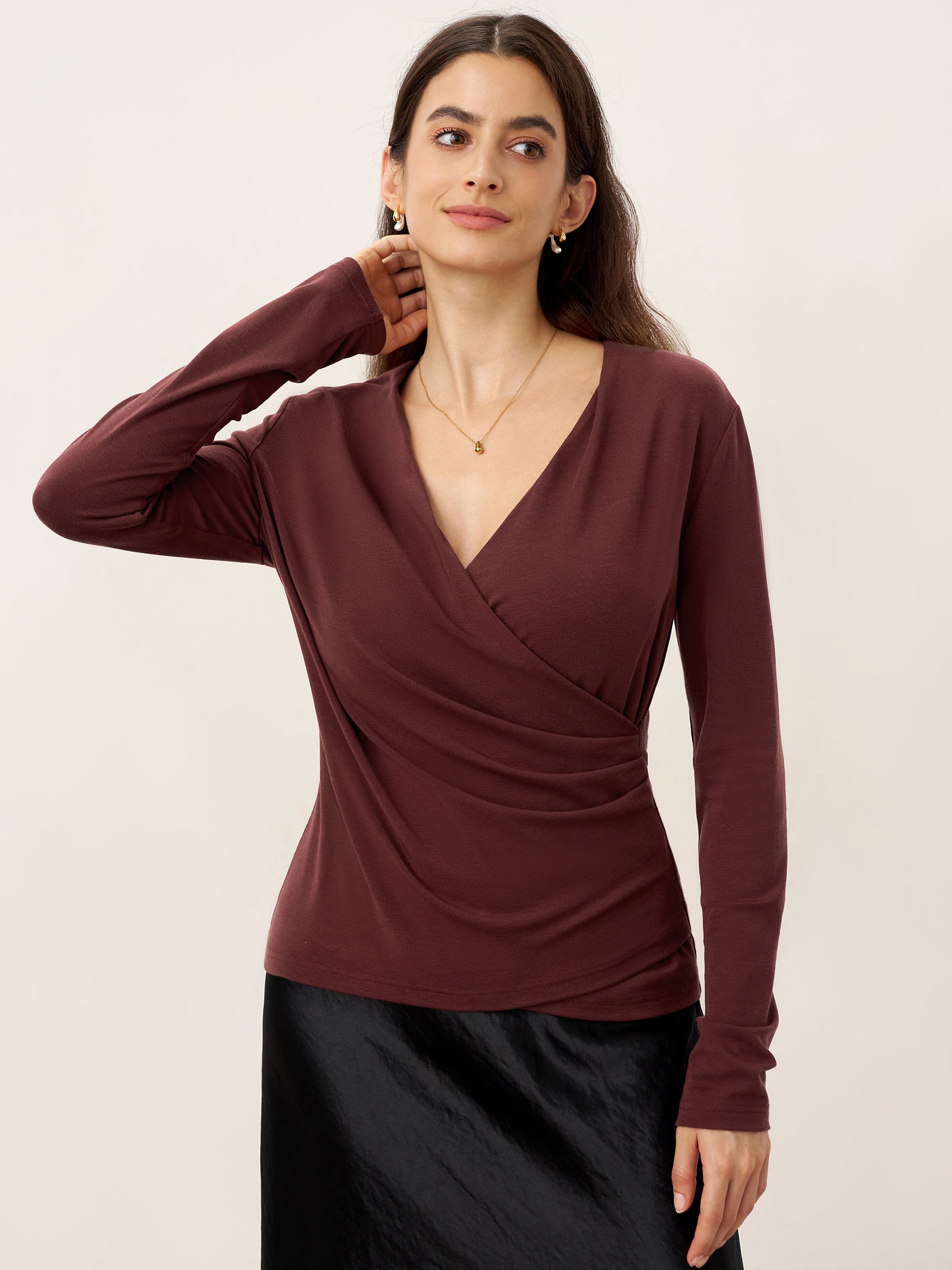 LINTICO Wool Lyocell Asymmetric Ruched Overlap V-Neck Top TILLY — detail shot 8