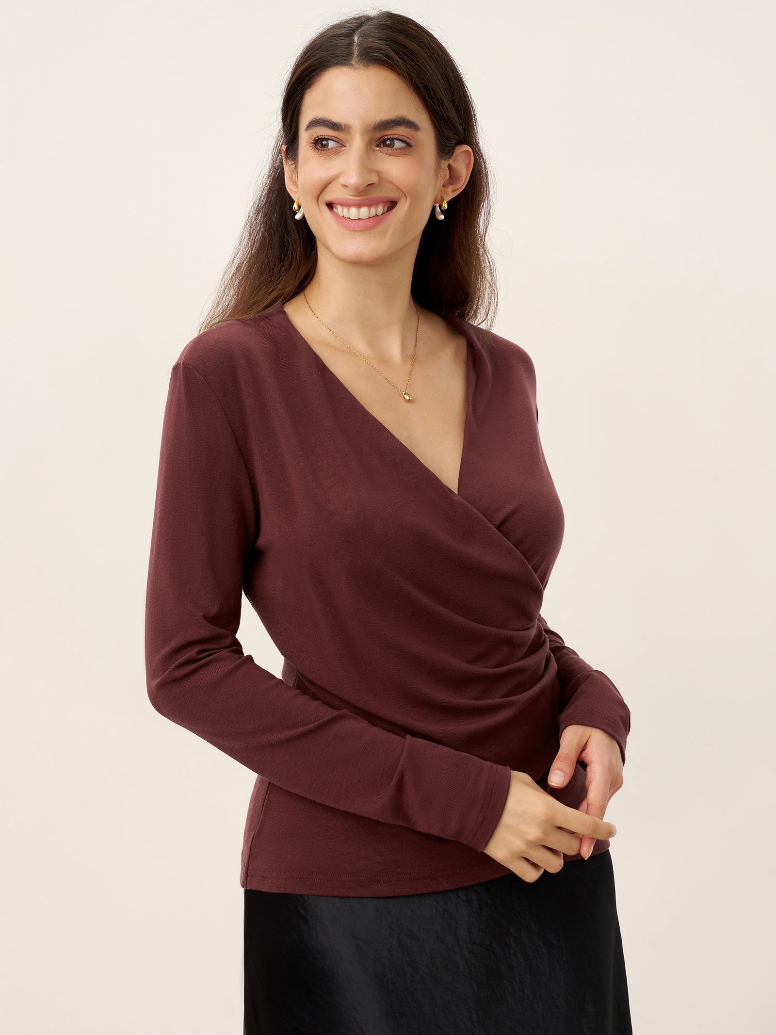LINTICO Wool Lyocell Asymmetric Ruched Overlap V-Neck Top TILLY — detail shot 9