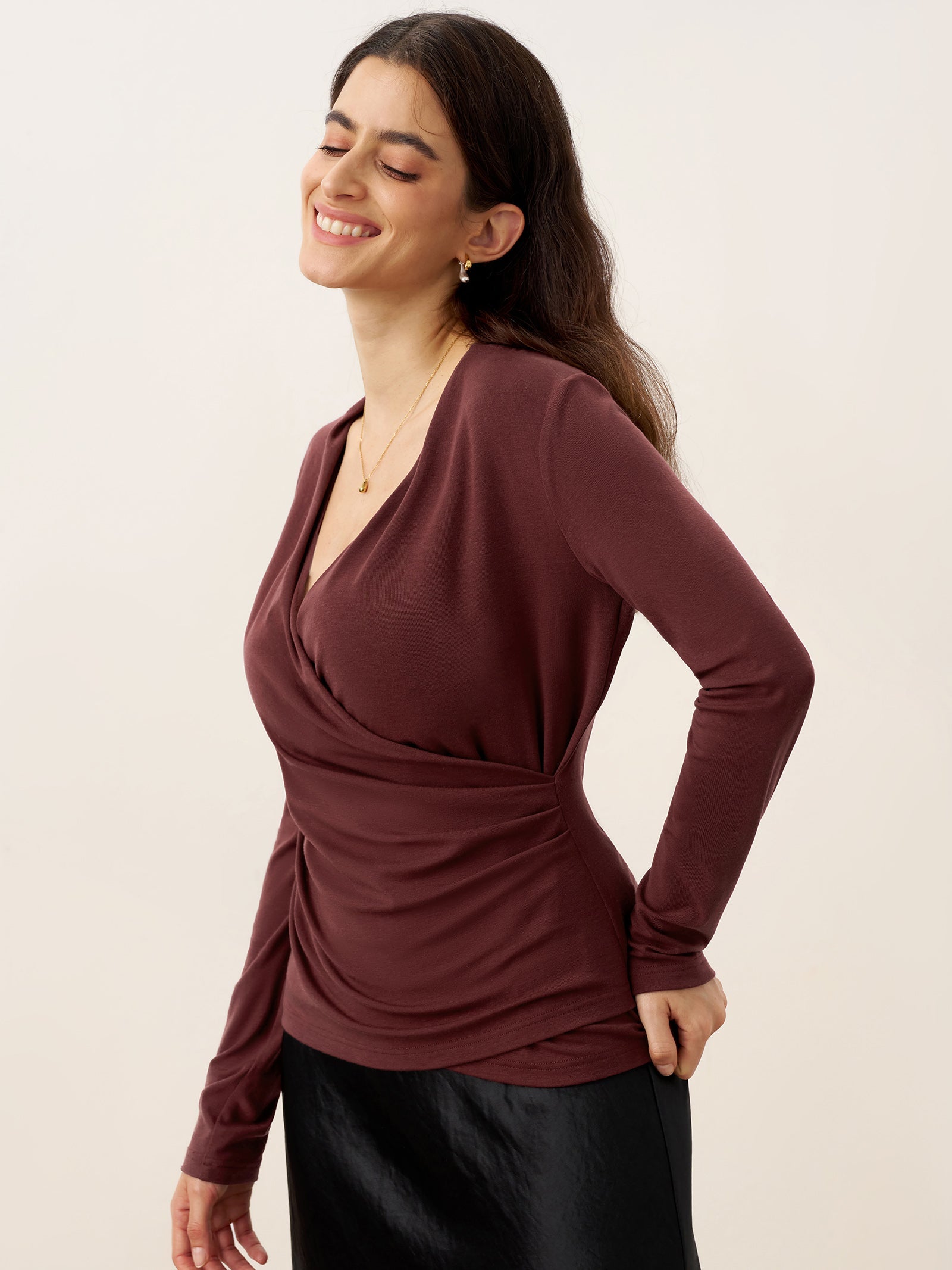LINTICO Wool Lyocell Asymmetric Ruched Overlap V-Neck Top TILLY — detail shot 10