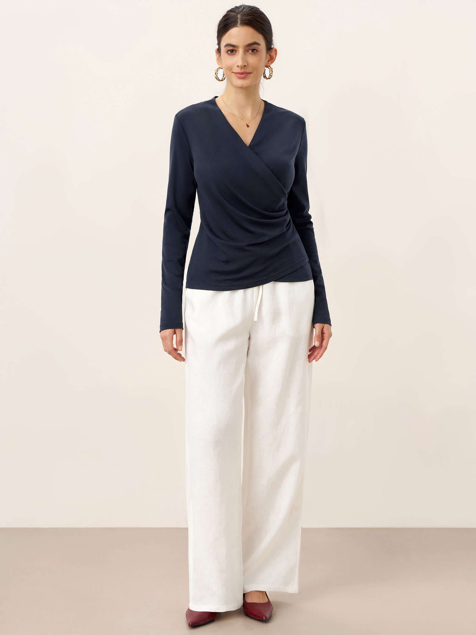 LINTICO Wool Lyocell Asymmetric Ruched Overlap V-Neck Top TILLY — detail shot 6