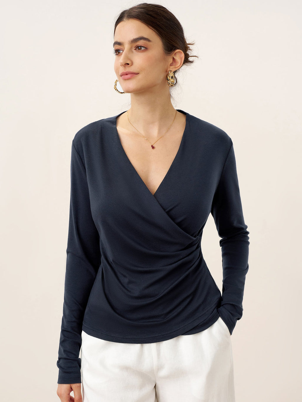 LINTICO Wool Lyocell Asymmetric Ruched Overlap V-Neck Top TILLY — main product shot