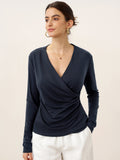 LINTICO Wool Lyocell Asymmetric Ruched Overlap V-Neck Top TILLY — main product shot