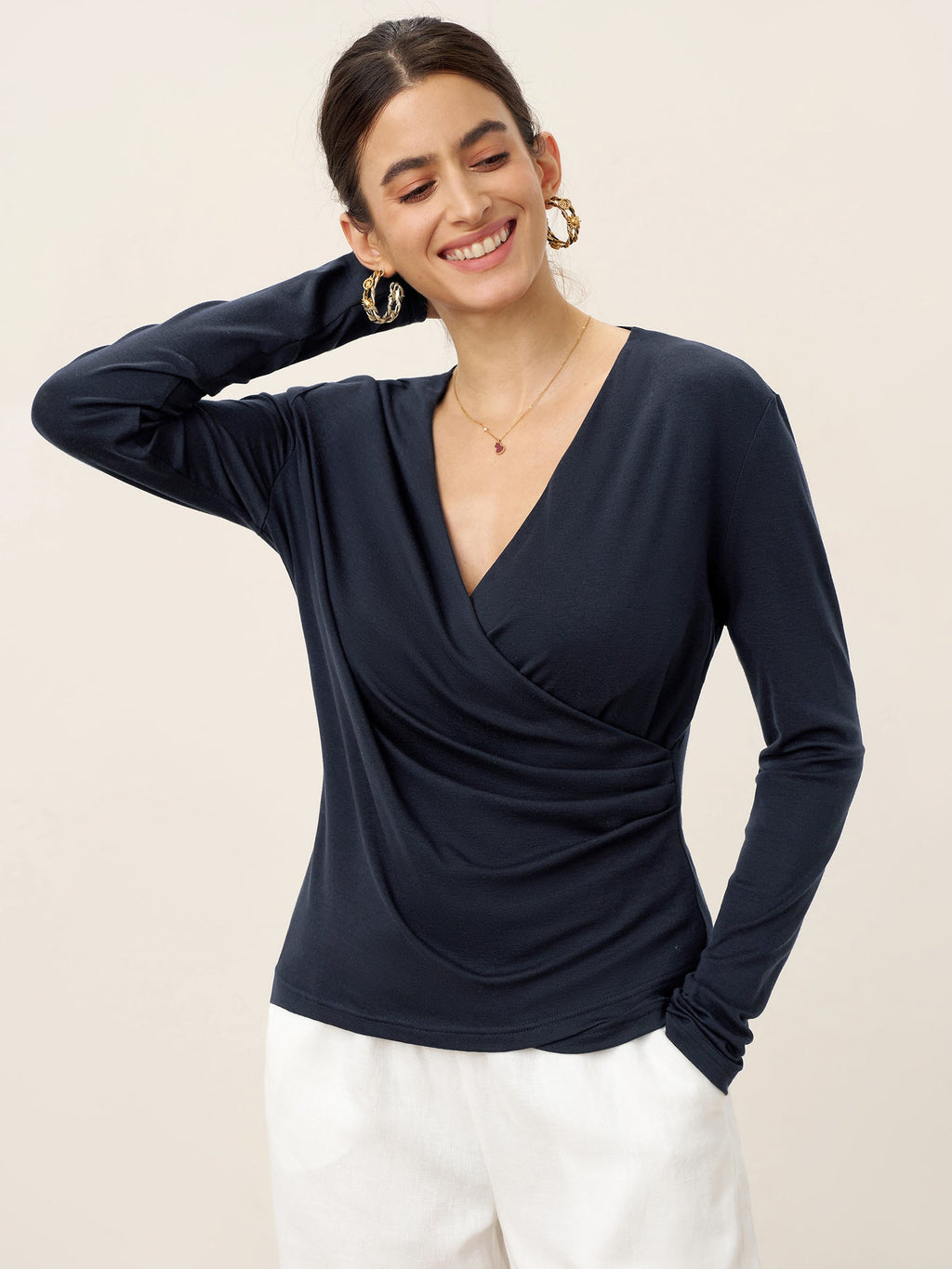 LINTICO Wool Lyocell Asymmetric Ruched Overlap V-Neck Top TILLY — tops-jersey tops category context