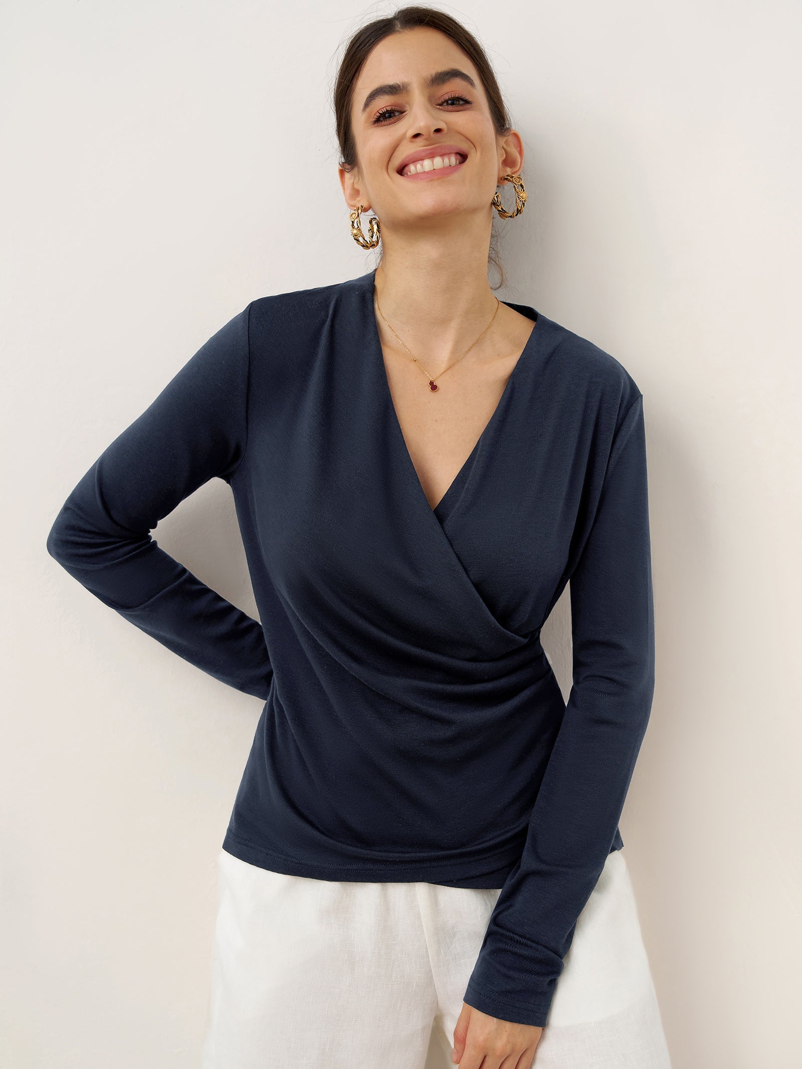 LINTICO Wool Lyocell Asymmetric Ruched Overlap V-Neck Top TILLY — construction detail