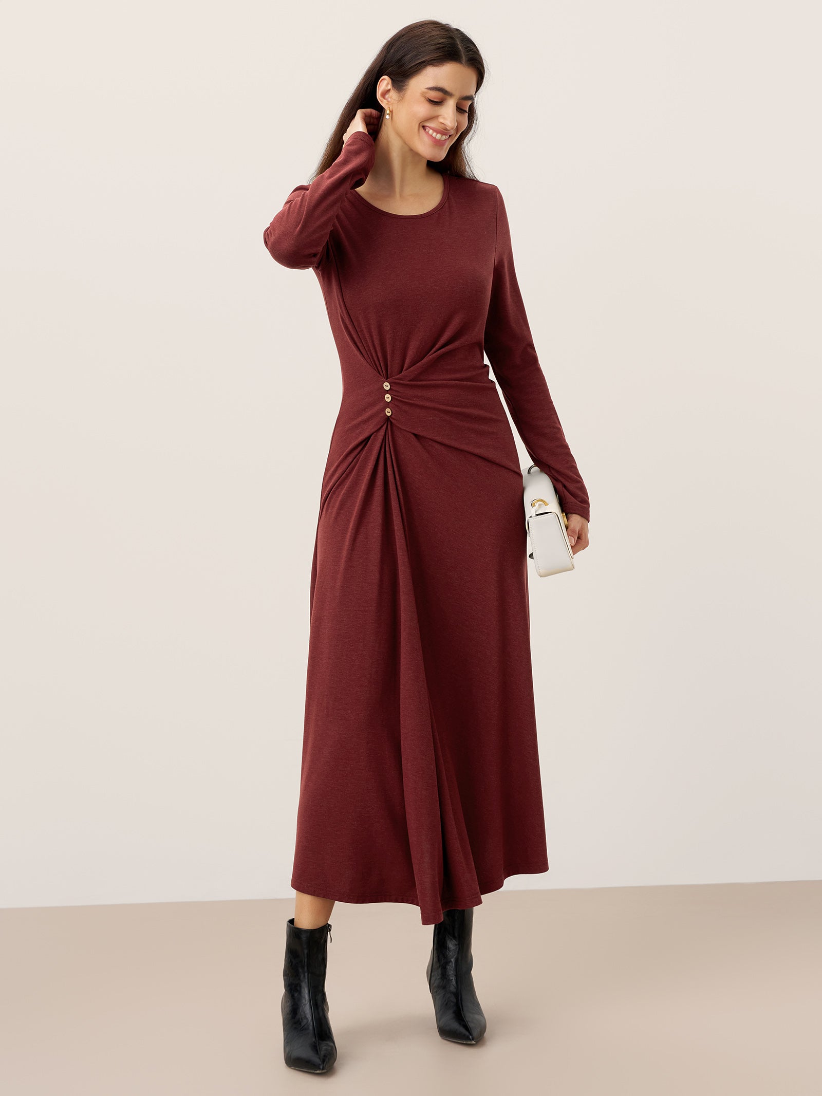LINTICO LINTICO Wool Lyocell Side-Waist Ruched Maxi Dress ELSINORE — lifestyle worn / used context