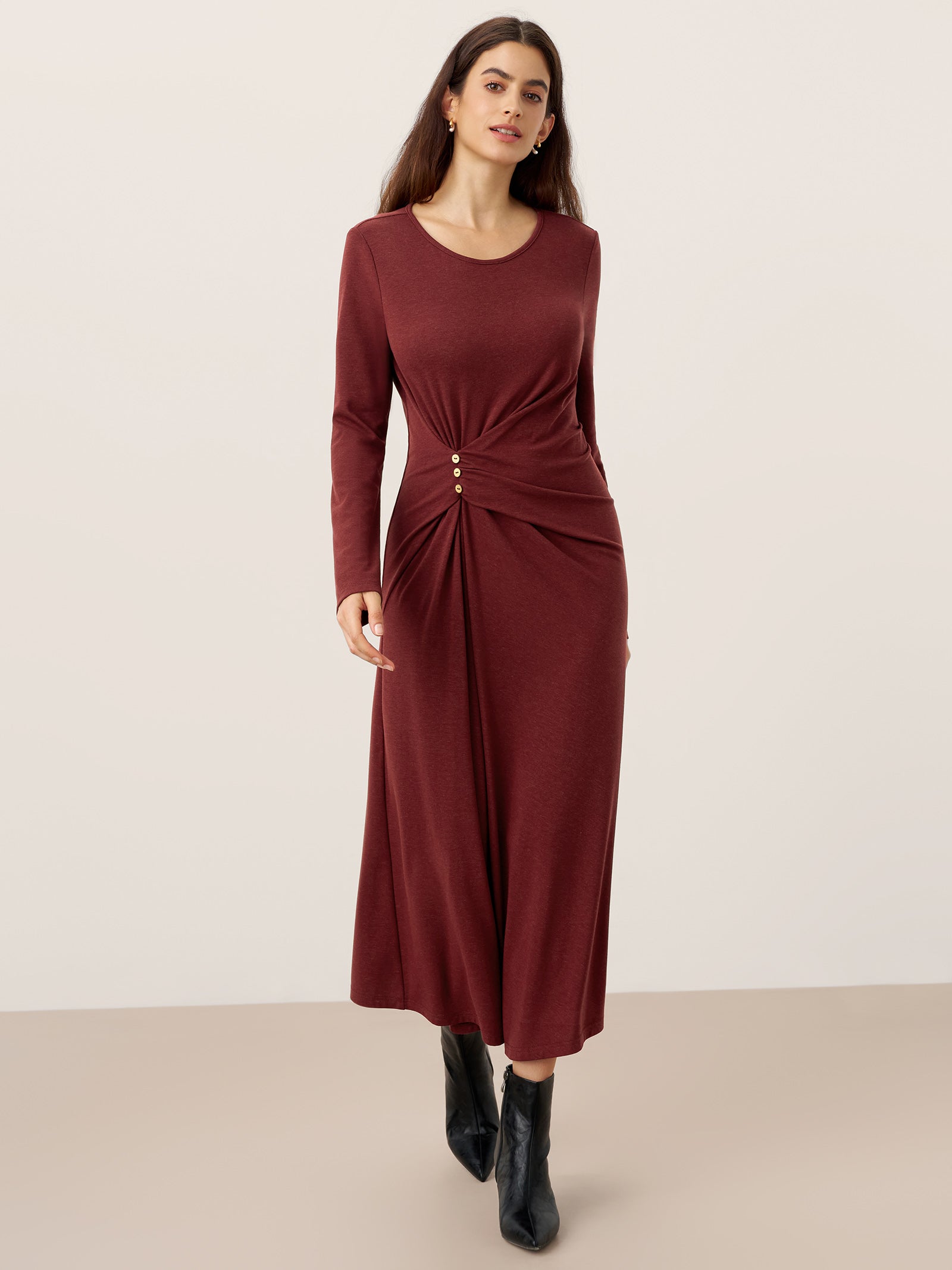 LINTICO LINTICO Wool Lyocell Side-Waist Ruched Maxi Dress ELSINORE — dresses-maxi dresses category context