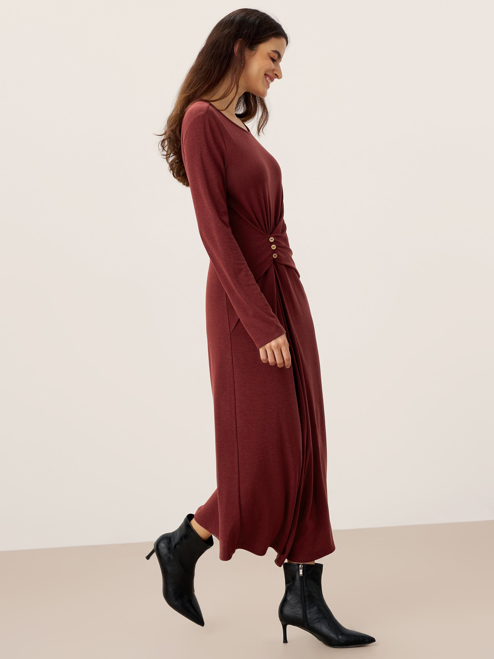 LINTICO LINTICO Wool Lyocell Side-Waist Ruched Maxi Dress ELSINORE — LINTICO branding close-up