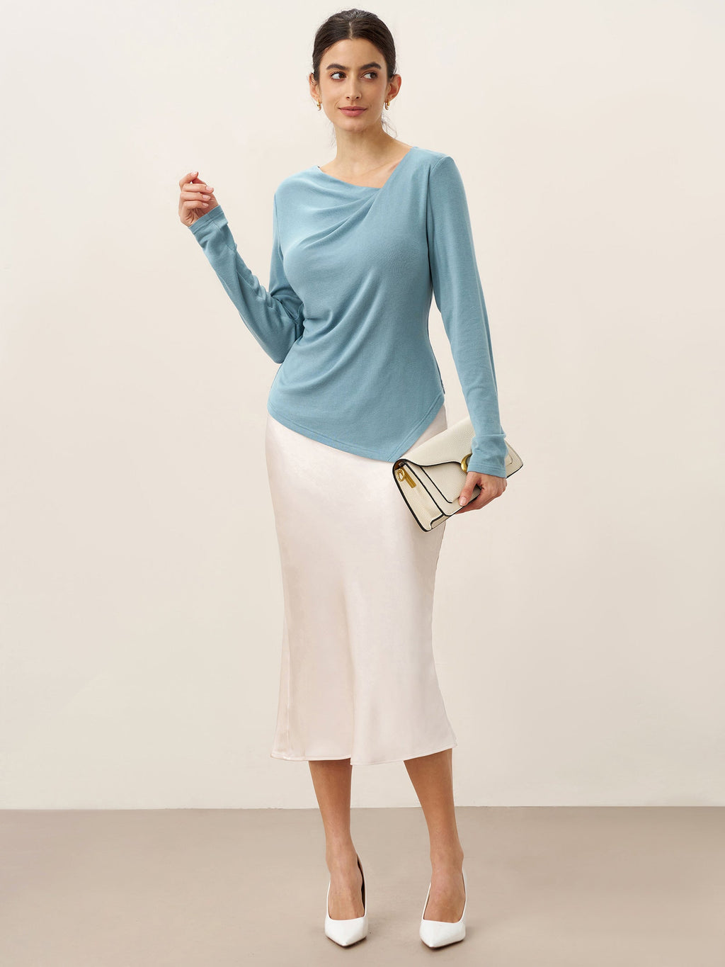 LINTICO LINTICO Wool Lyocell Twisted V-Neck Ruched Top NATALIE — lifestyle worn / used context