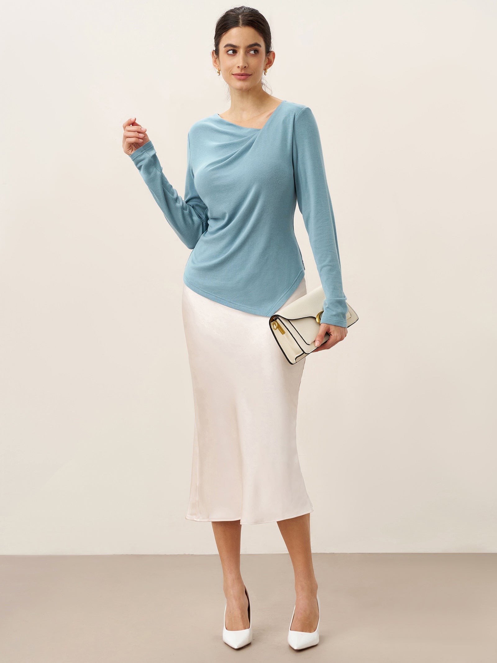 LINTICO LINTICO Wool Lyocell Twisted V-Neck Ruched Top NATALIE — lifestyle worn / used context