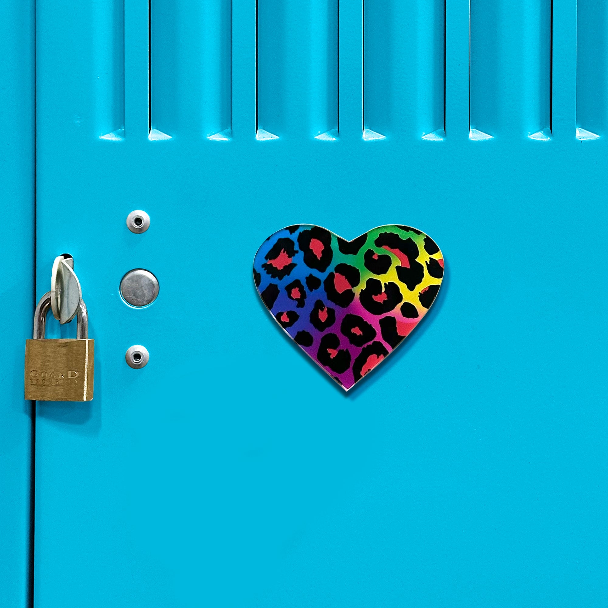 BodyCandy Acrylicious Rainbow Cheetah Print Heart Magnet by Onyx O — detail close-up