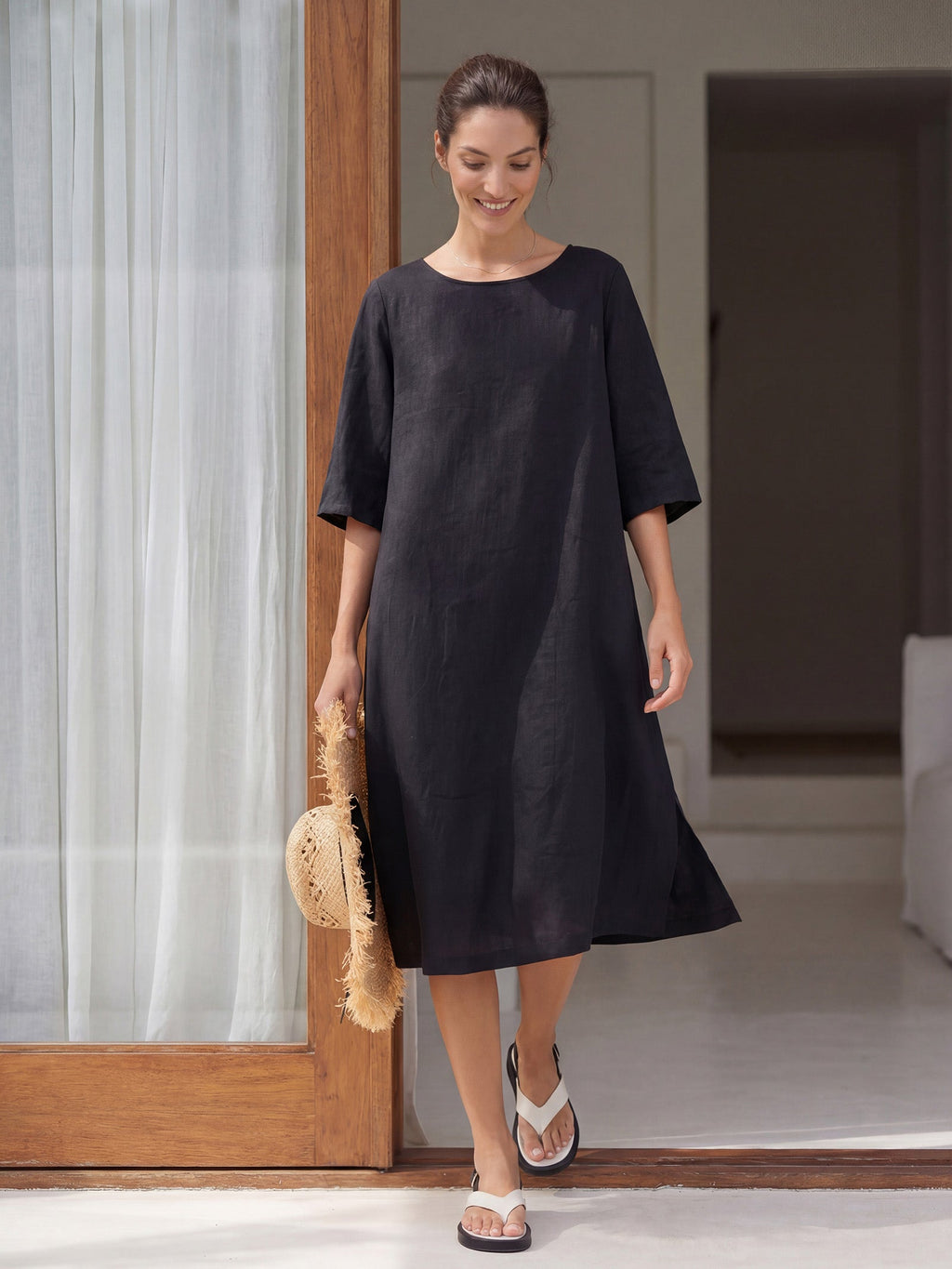 LINTICO 100% Linen Collarless Mid-Length Dress SOFIA — main product shot
