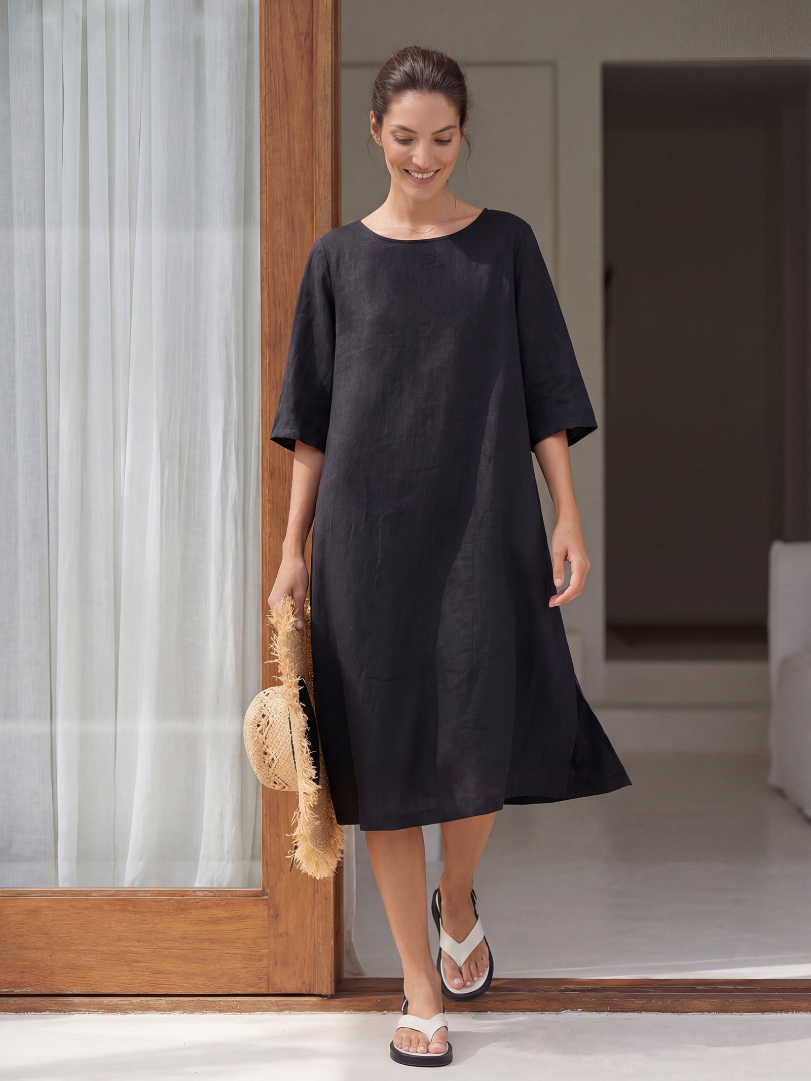 LINTICO 100% Linen Collarless Mid-Length Dress SOFIA — construction detail