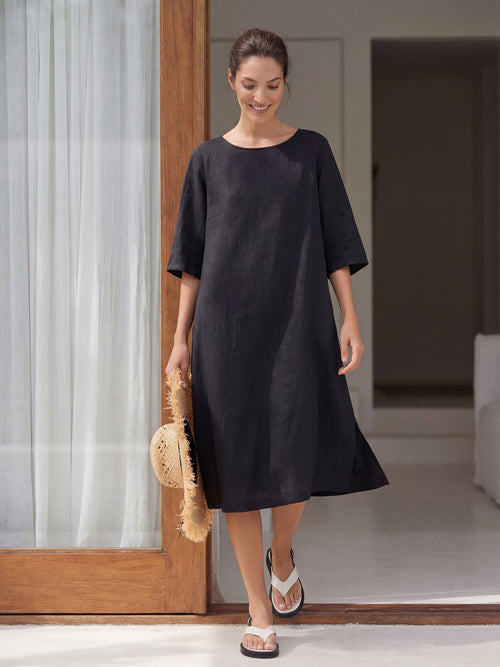 LINTICO 100% Linen Collarless Mid-Length Dress SOFIA — construction detail