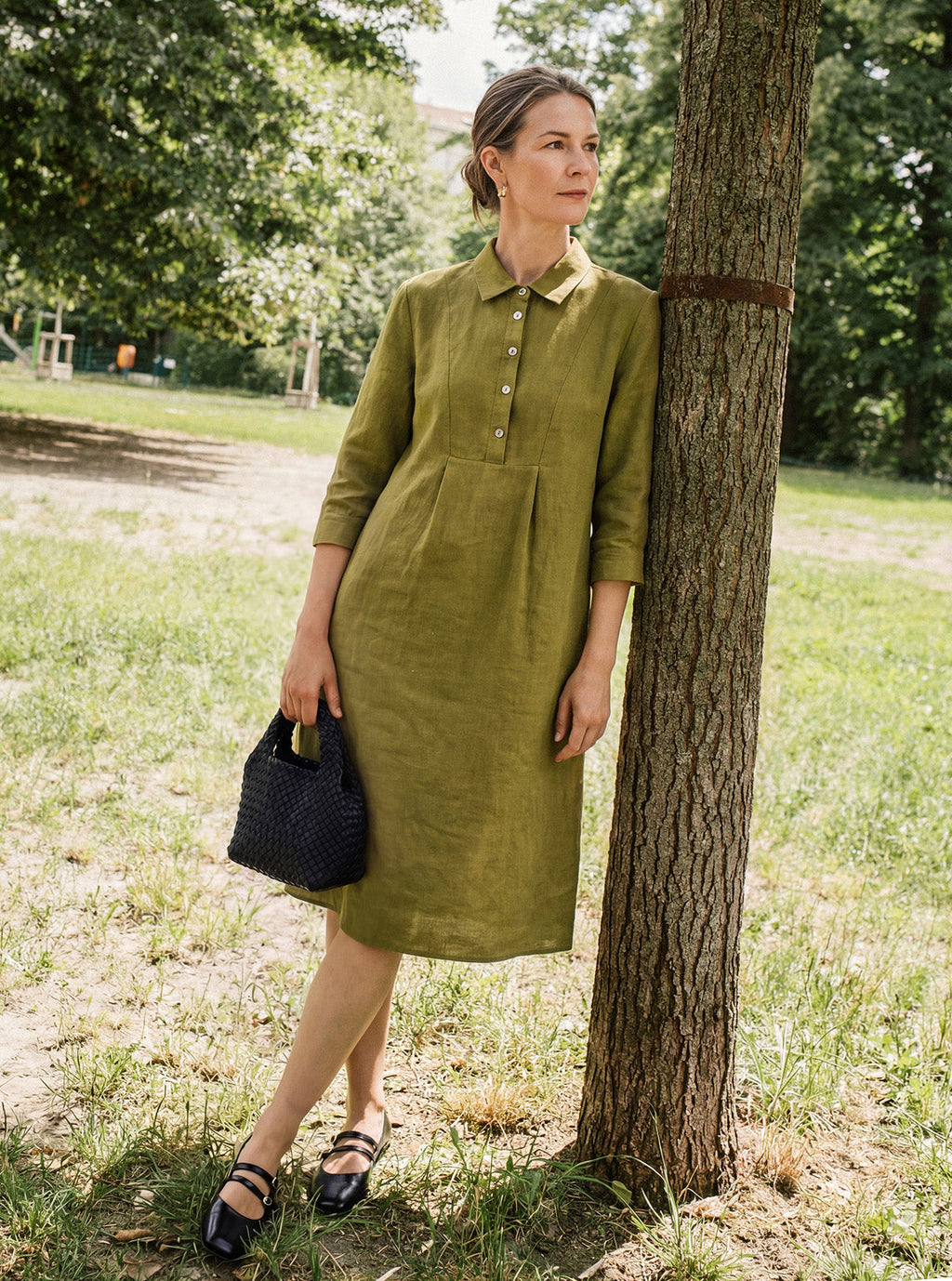 LINTICO 100% Linen Tailored Lapel 3/4 Sleeve Midi Shirt Dress MERCEDES — construction detail