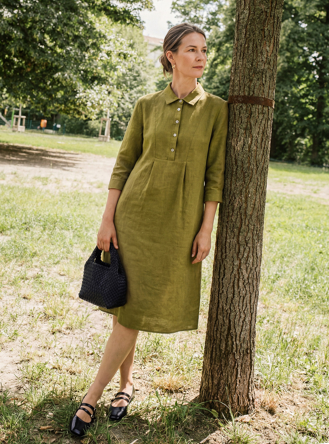 LINTICO 100% Linen Tailored Lapel 3/4 Sleeve Midi Shirt Dress MERCEDES — construction detail