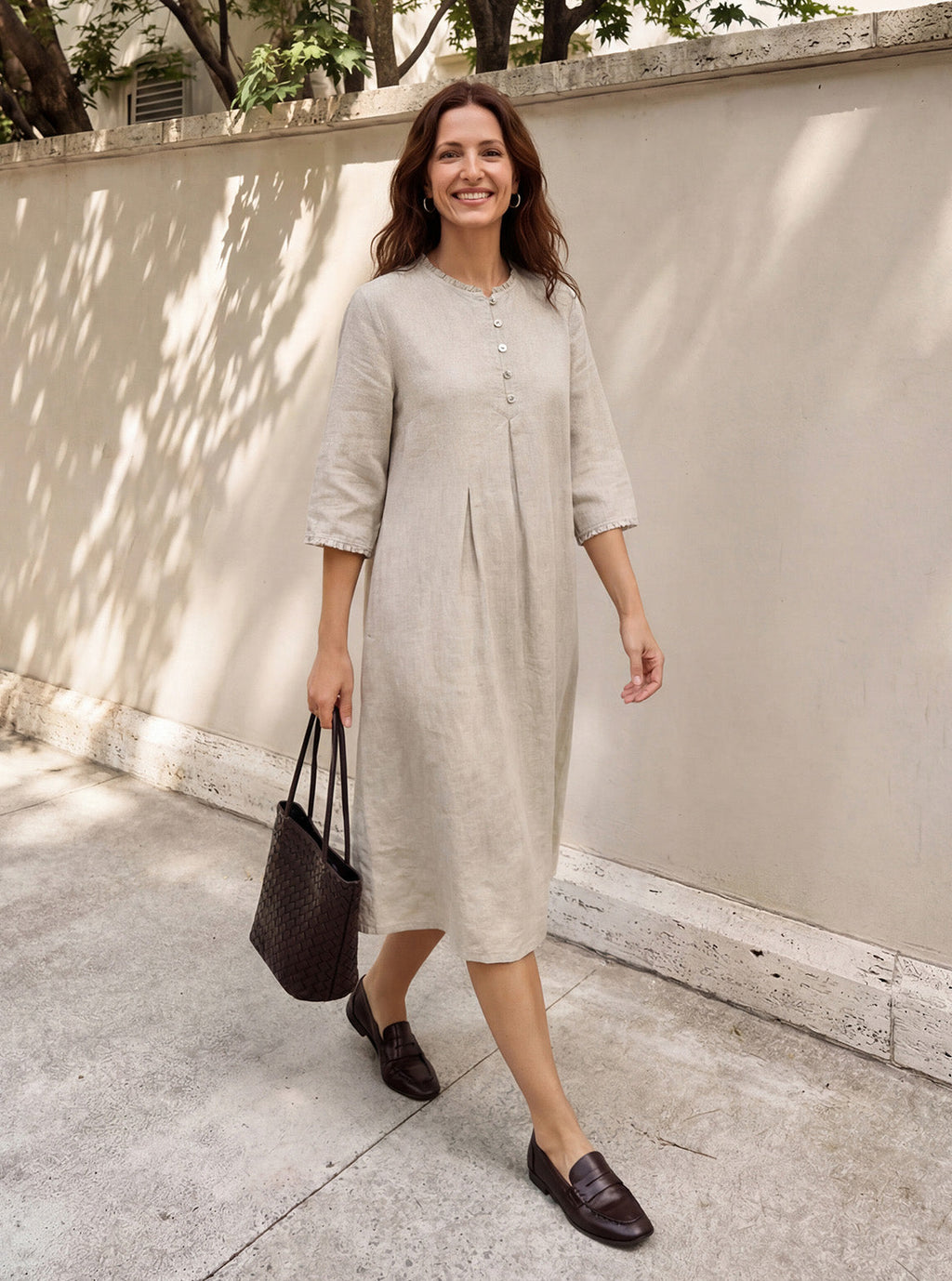 LINTICO 100% Linen Ruffle Trim Inverted Pleat Midi Dress LAVINIA — construction detail
