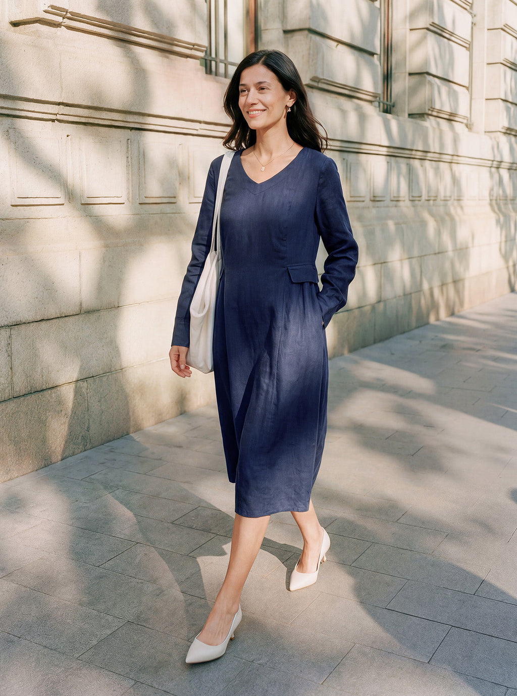 LINTICO 100% Linen Gathered Waist Flap Detail Midi Dress DIANA — construction detail