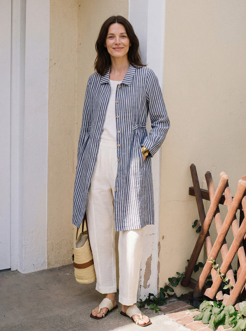 LINTICO 100% Linen Striped Back Drawstring Midi Shirt Dress ADELAIDE — construction detail