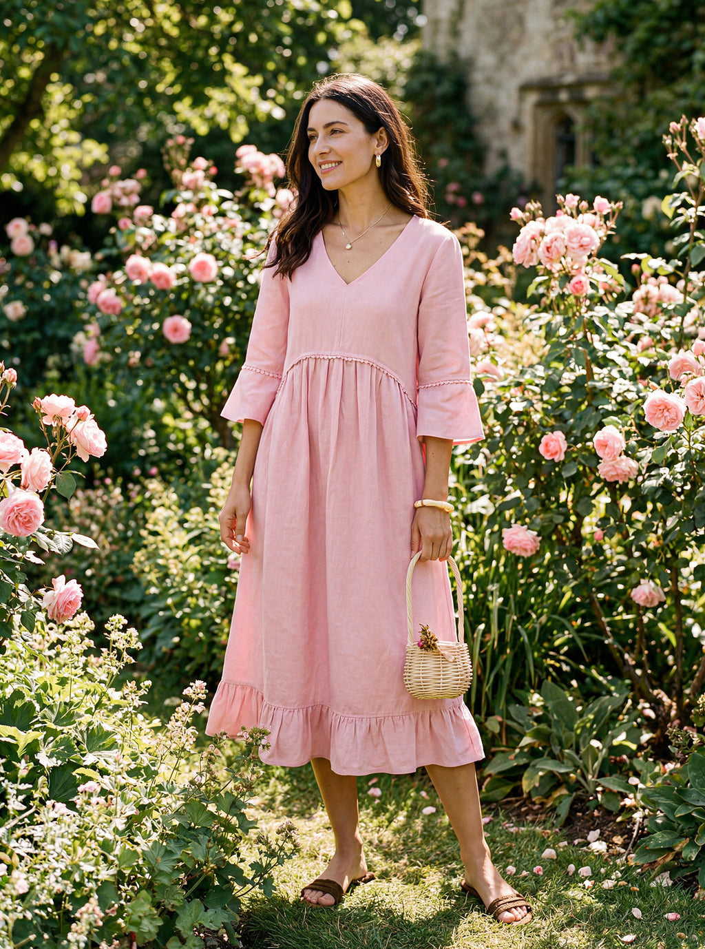 LINTICO 100% Linen V-Neck Ruffle Hem Midi Dress with Crochet Trim MARTHA — construction detail