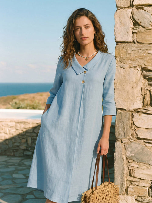 LINTICO 100% Linen Asymmetric Shawl Collar A-Line Midi Dress WINIFRED — construction detail