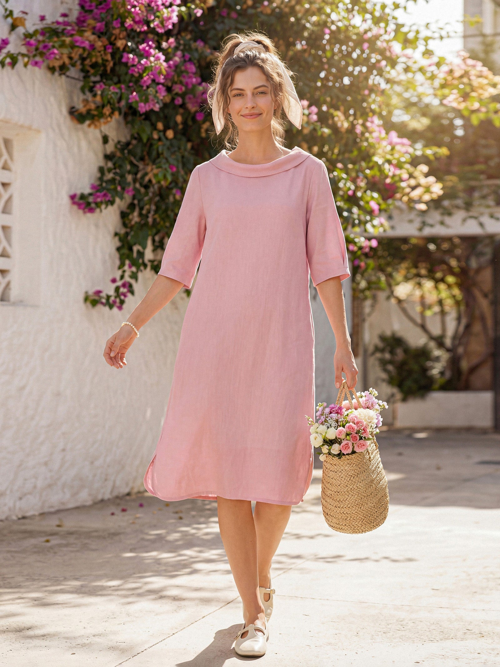 LINTICO 100% Linen Sculpted Bateau Tie-Back Midi Dress SABRINA — construction detail
