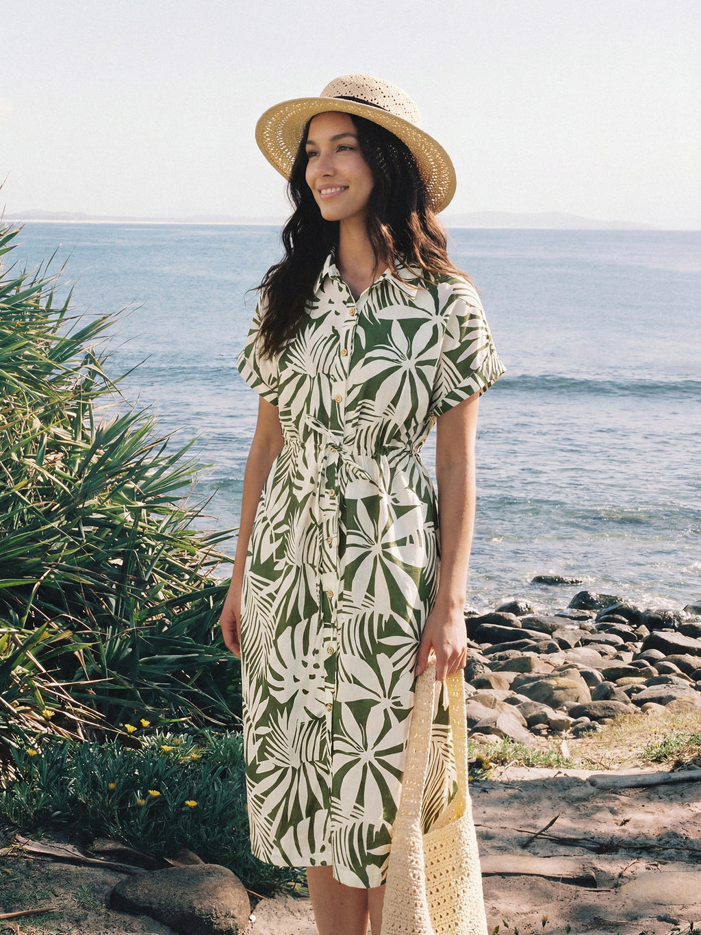 Linen Palm Print Drawstring Waist Cuffed Sleeve Midi Shirt Dress AURELIA