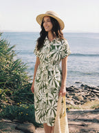 Linen Palm Print Drawstring Waist Cuffed Sleeve Midi Shirt Dress AURELIA