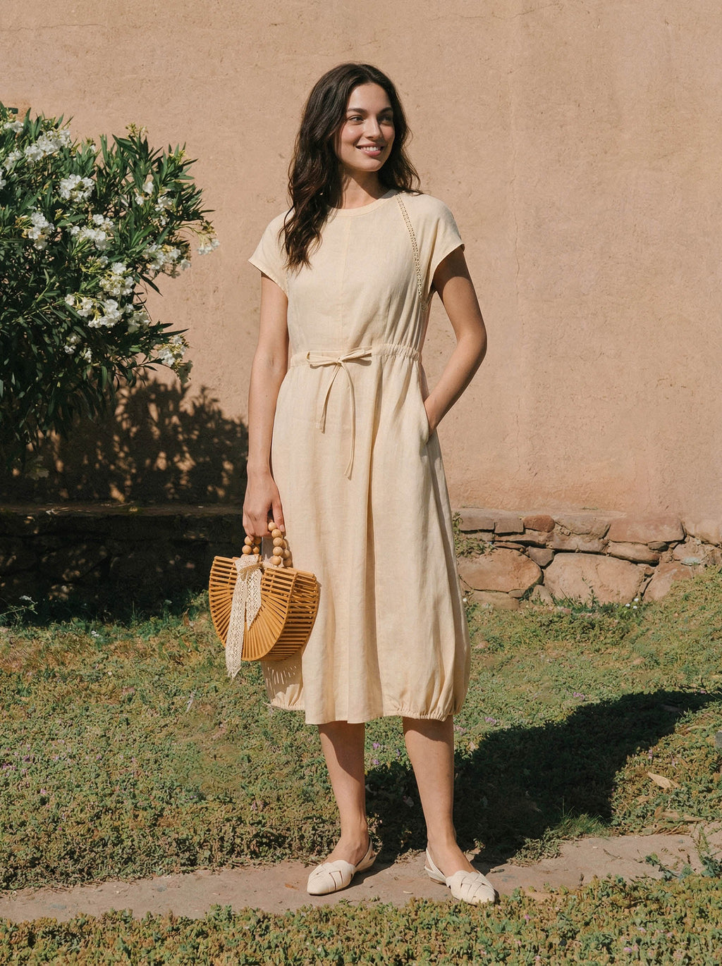 LINTICO 100% Linen Lace-Inset Bubble-Hem Midi Dress LORITA — construction detail
