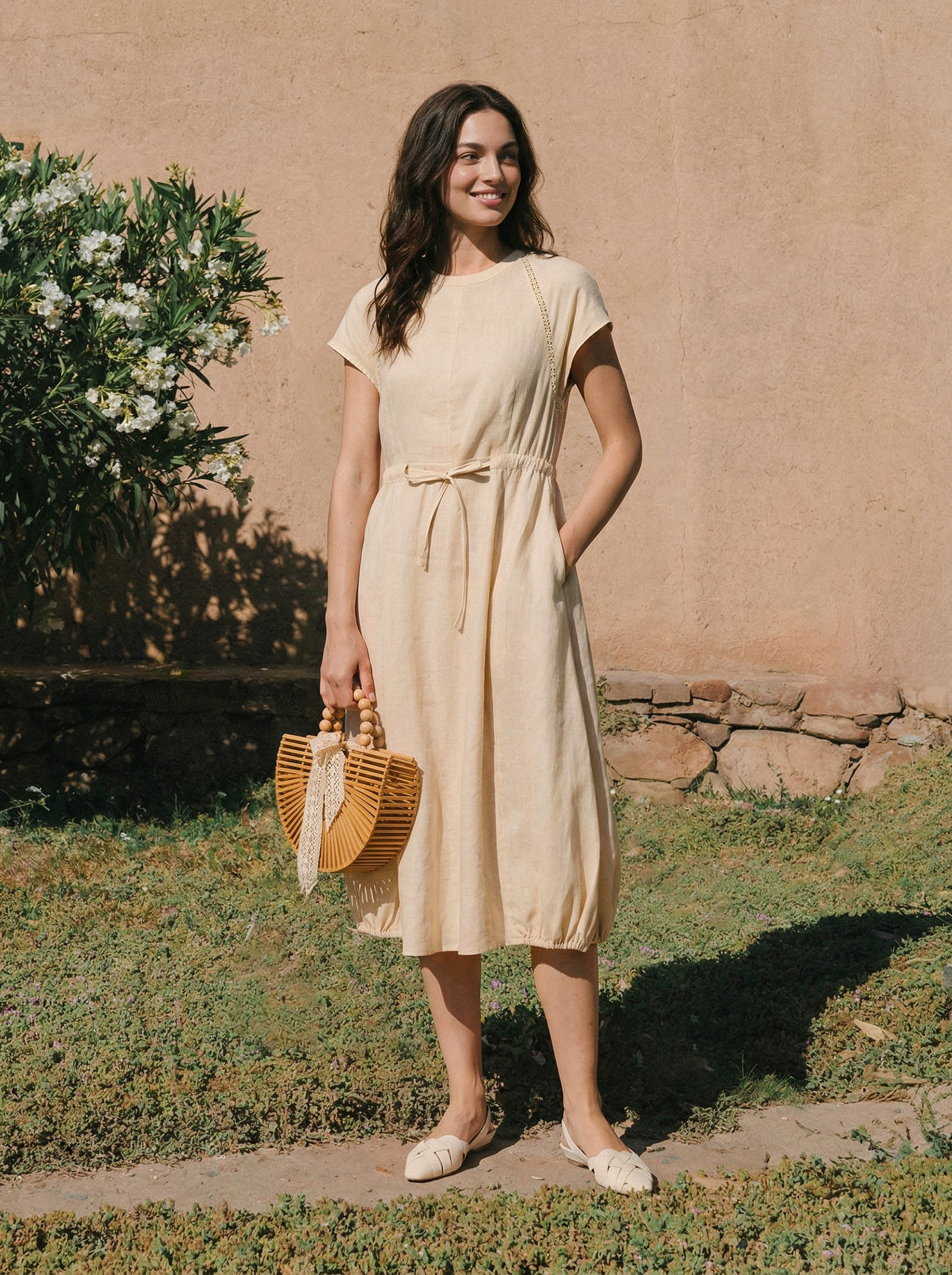 LINTICO 100% Linen Lace-Inset Bubble-Hem Midi Dress LORITA — construction detail