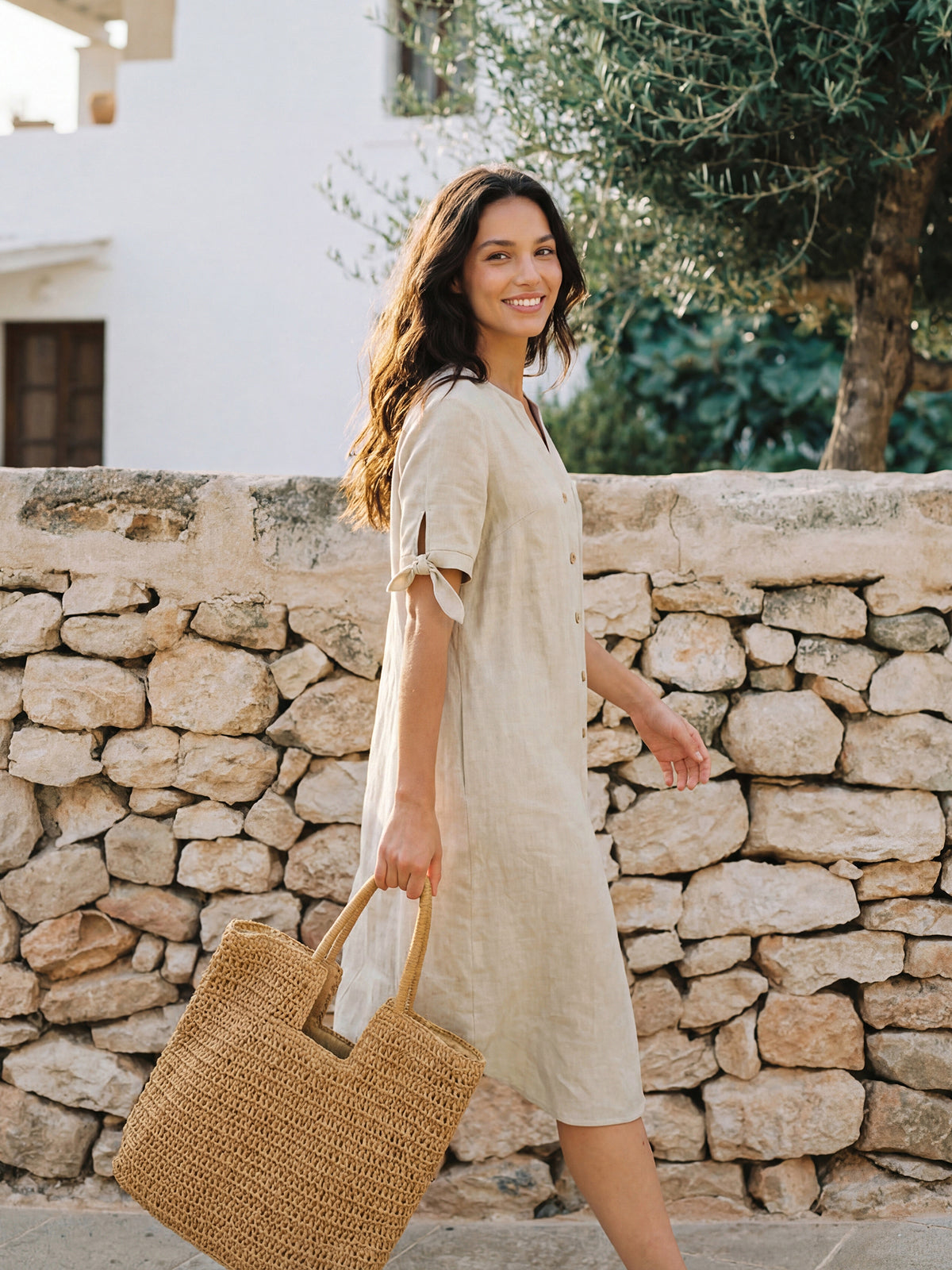 LINTICO 100% Linen Button-Front Tie Cuff V-Neck Shirt Dress HONORIA — dresses-midi dresses-linen category context